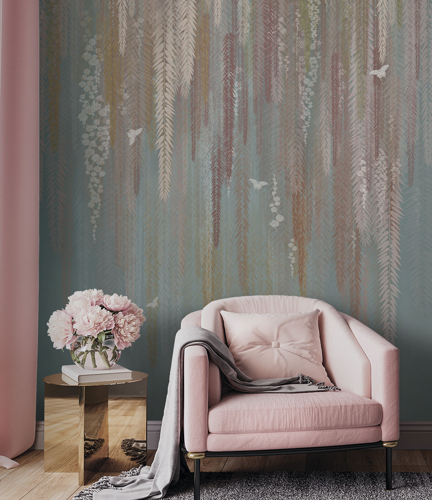 Wallpaper with a pattern of leaves and birds Wallpaper with a pattern of leaves and birds