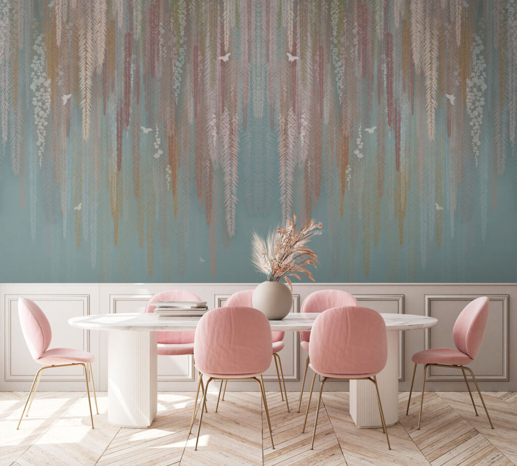 Wallpaper with a pattern of leaves and birds Wallpaper with a pattern of leaves and birds