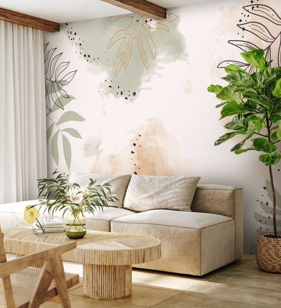 Abstract leaves with soft watercolor tones