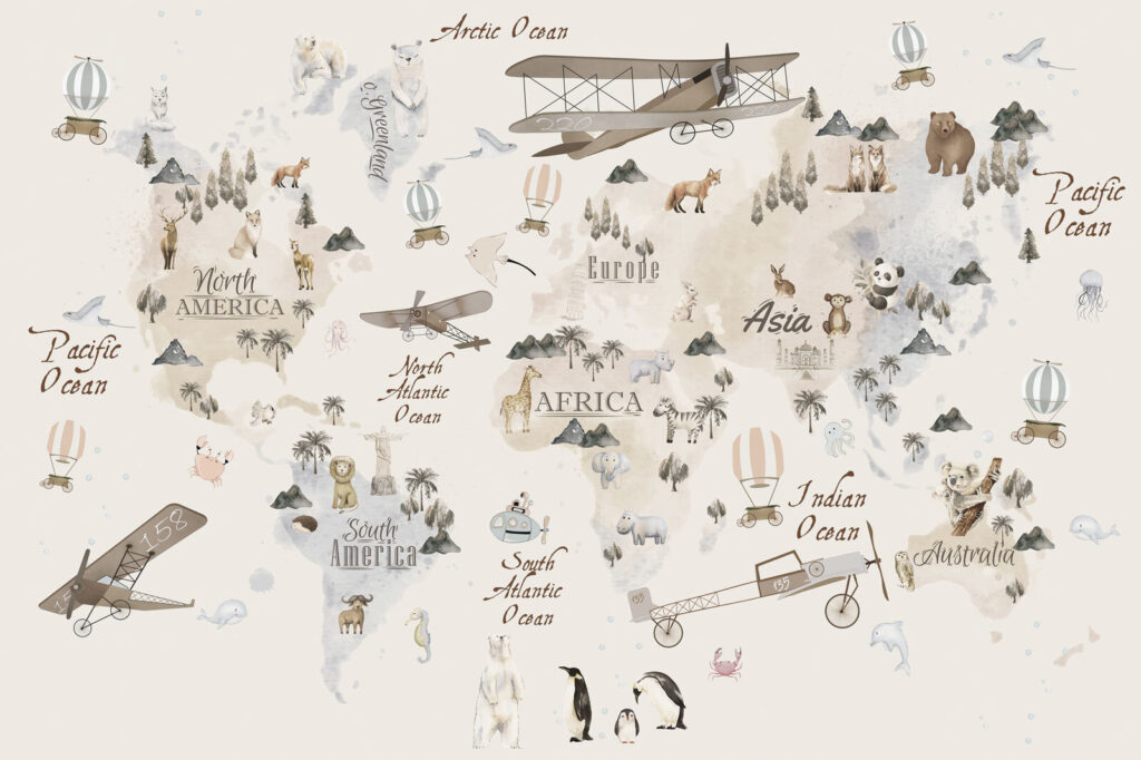 Mapa světa se zvířaty a ptáky Mapa světa se zvířaty a ptáky