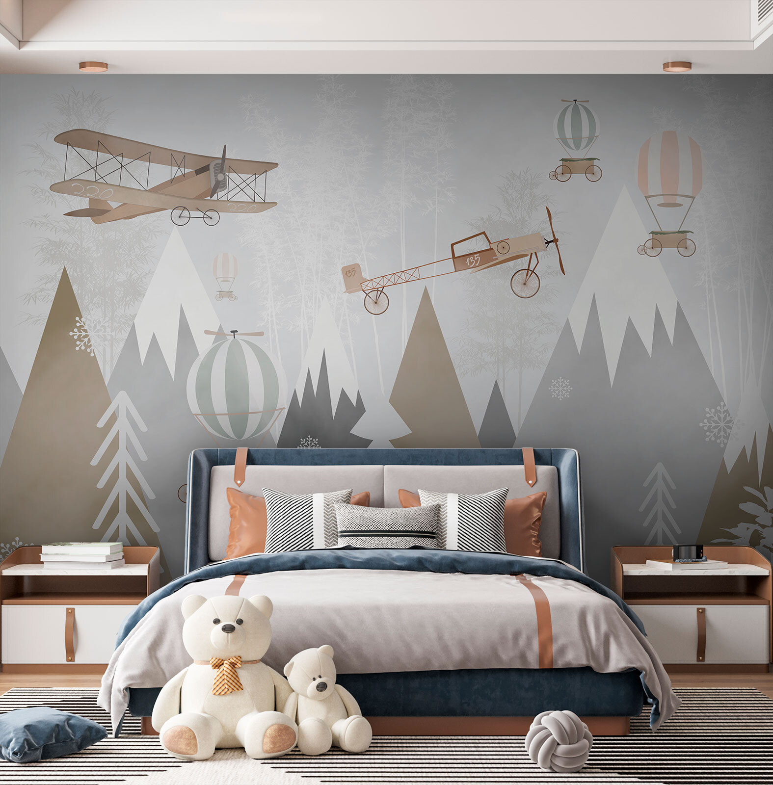 Wall mural of airplanes and hot air balloons flying over mountains