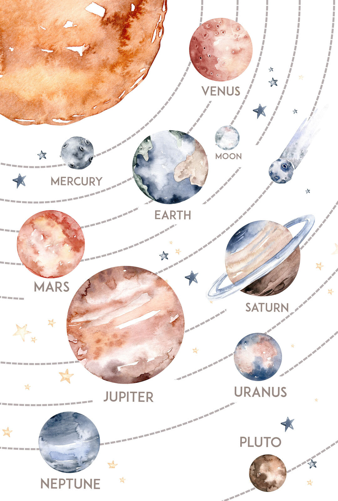 Watercolor of planets and stars