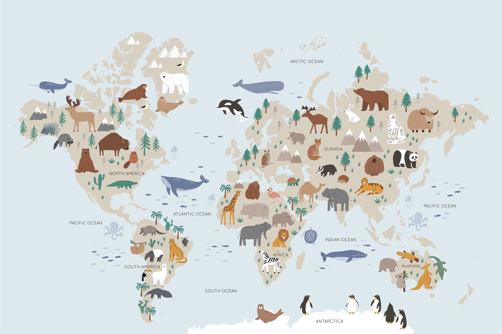 Map of the world with animals Map of the world with animals