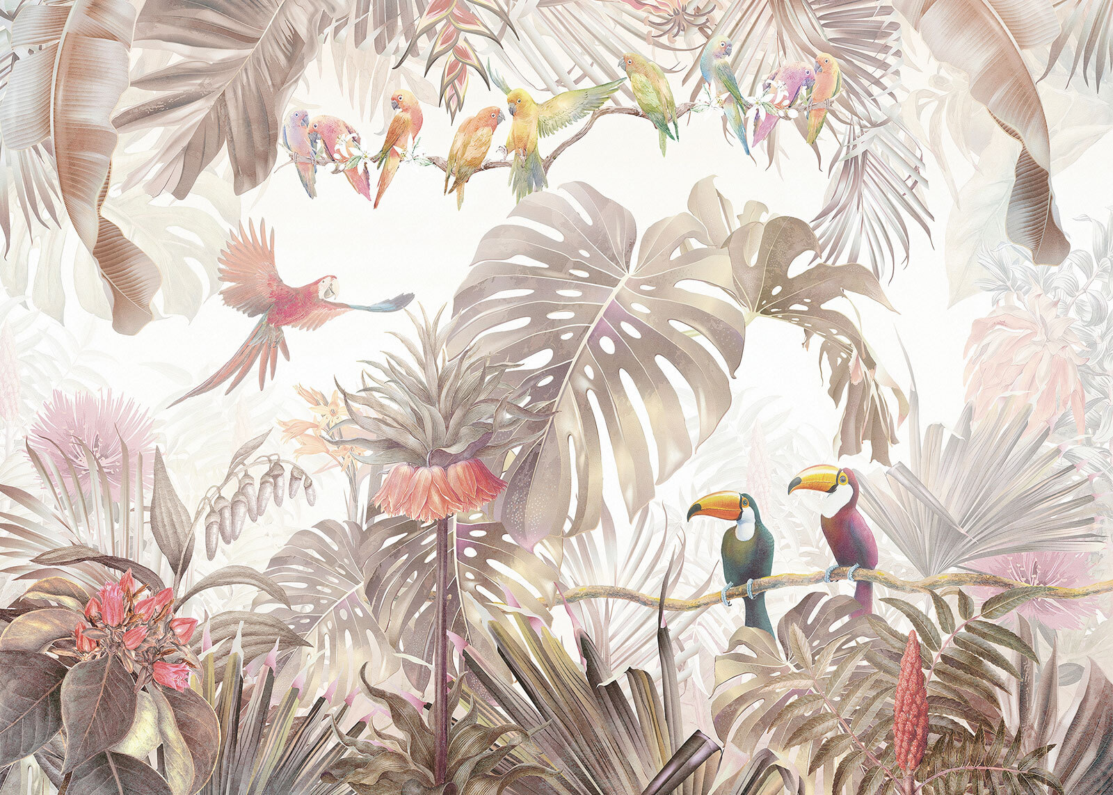 Group of birds on a branch surrounded by tropical plants Group of birds on a branch surrounded by tropical plants