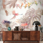 Fototapeta Skupina ptáků na větvi obklopená tropickými rostlinami