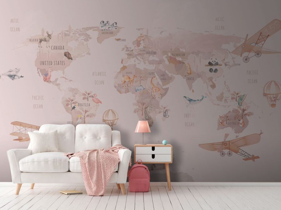 Mapa světa se zvířaty a ptáky