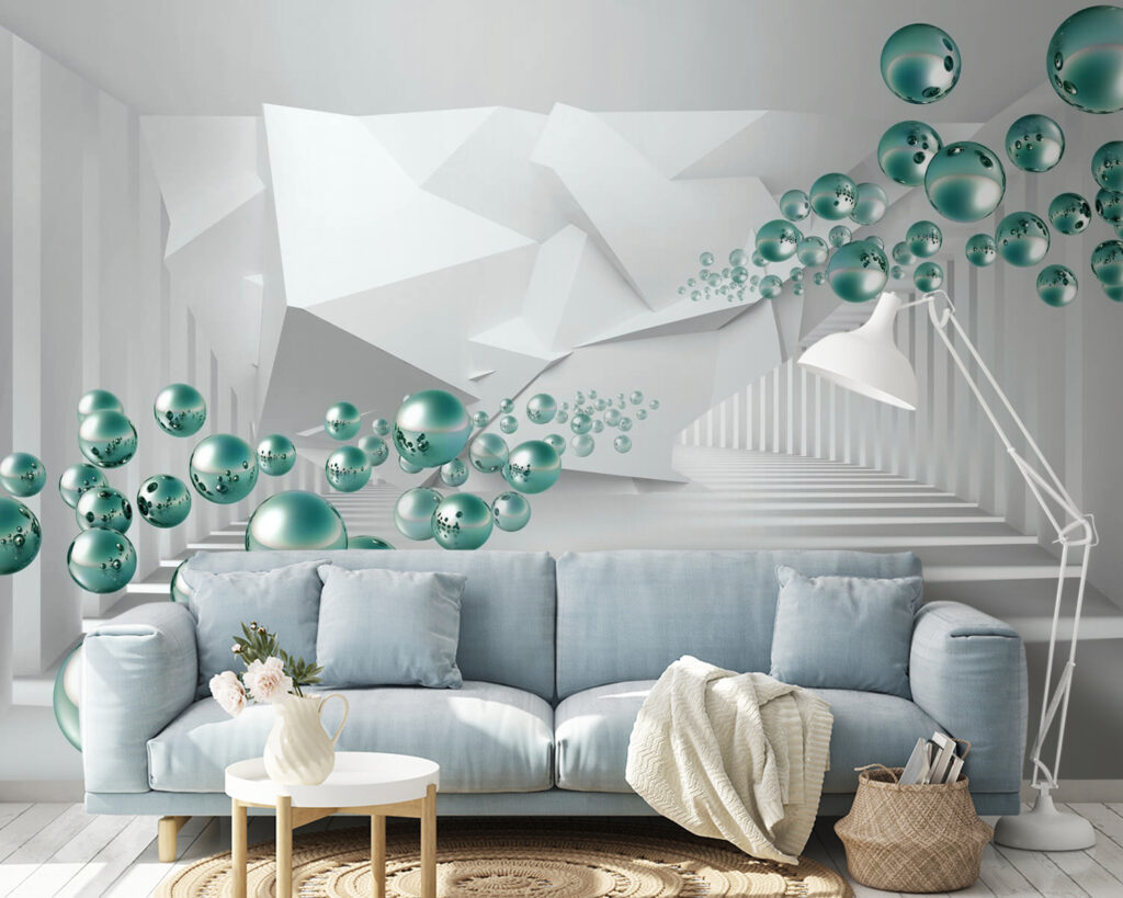 White room with white walls and white columns and green balls White room with white walls and white columns and green balls