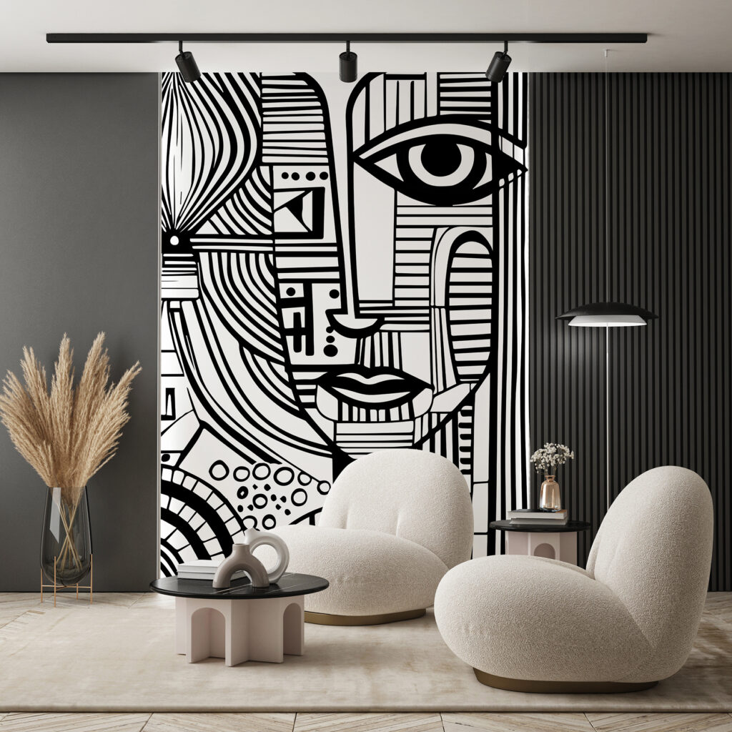 A black and white drawing of a woman's face A black and white drawing of a woman's face