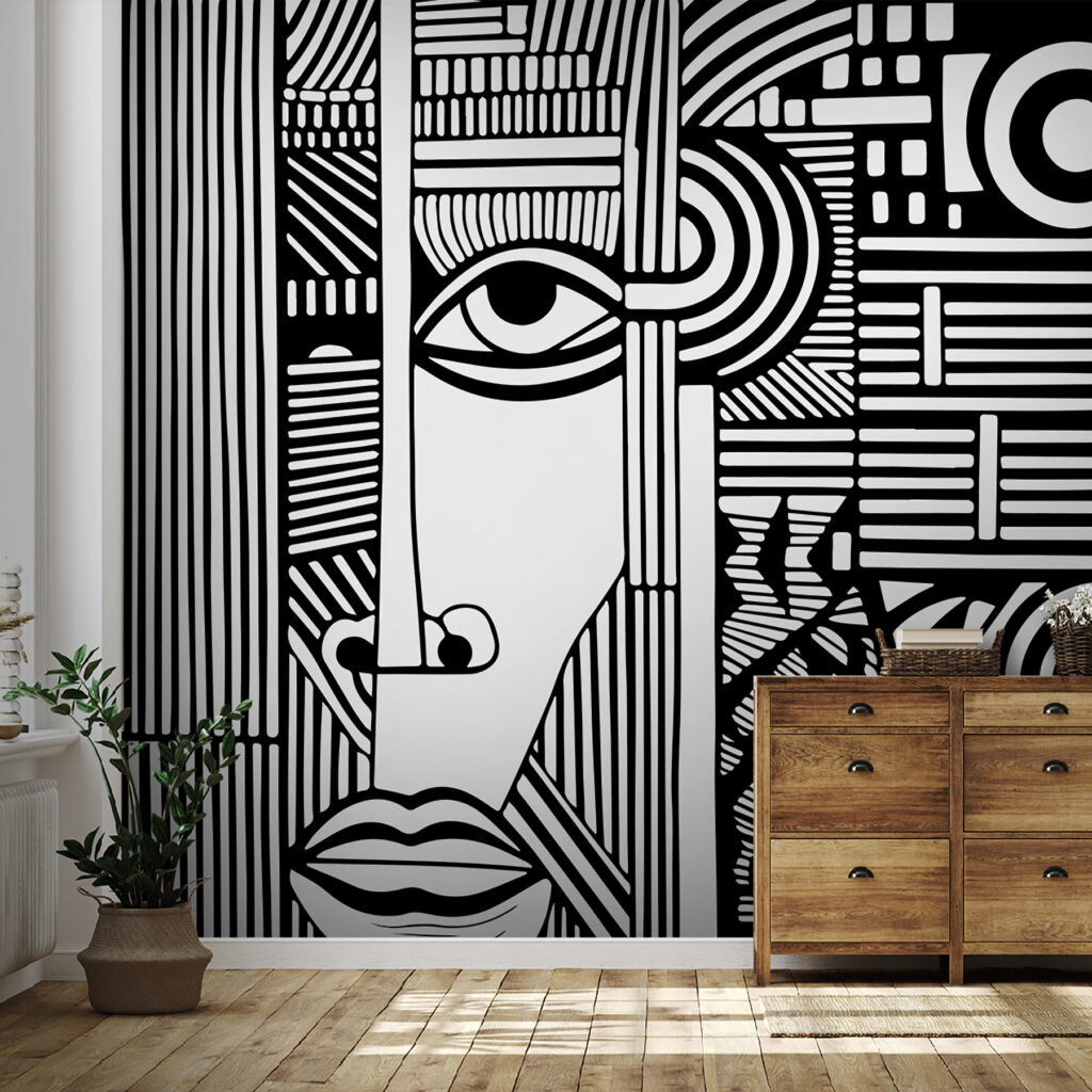 A black and white drawing of a face