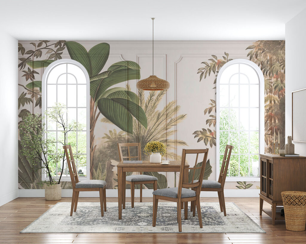 A wallpaper with a painting of trees and plants A wallpaper with a painting of trees and plants