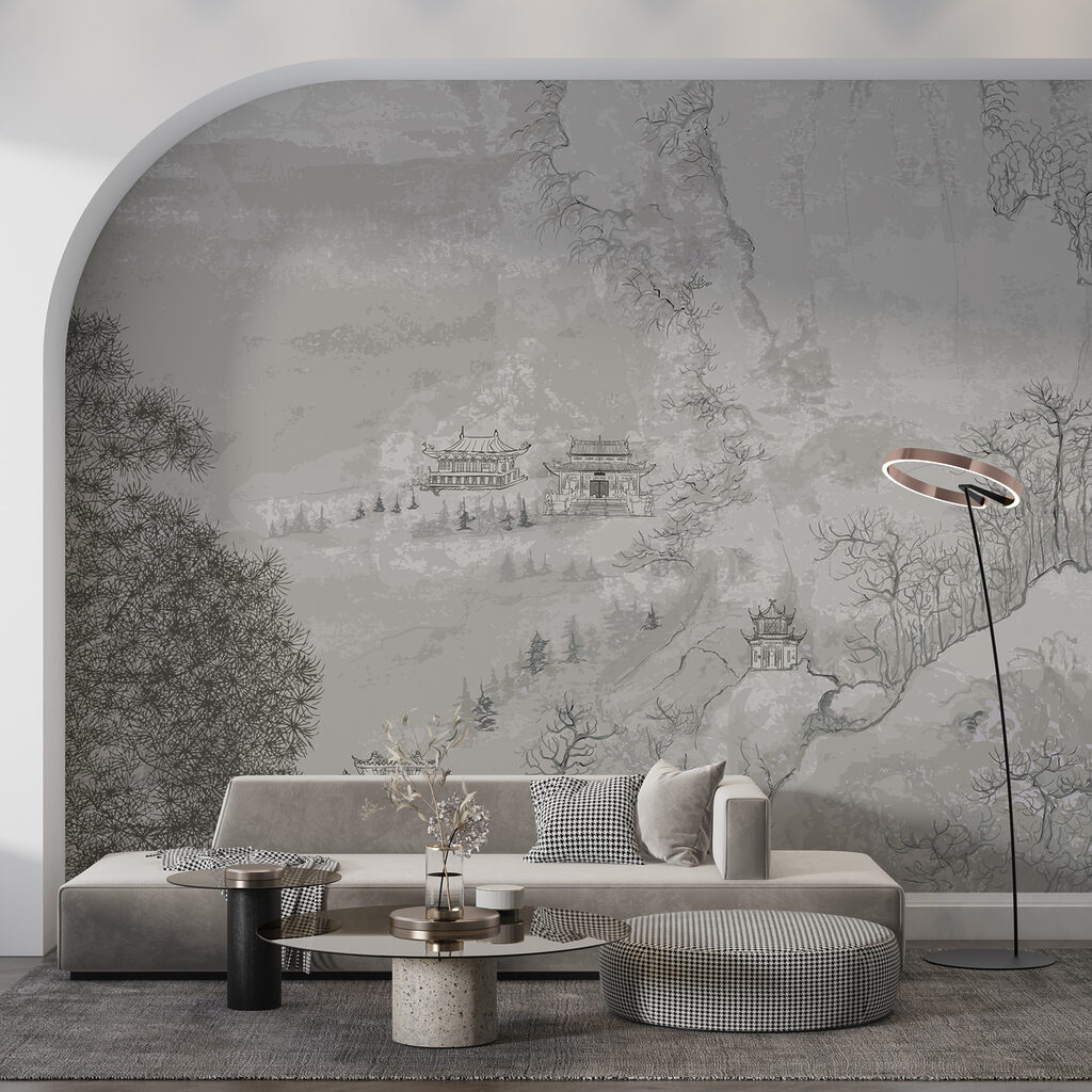 A painting of buildings on a mountain A painting of buildings on a mountain