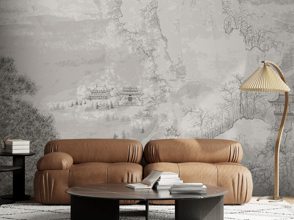 A painting of buildings on a mountain A painting of buildings on a mountain