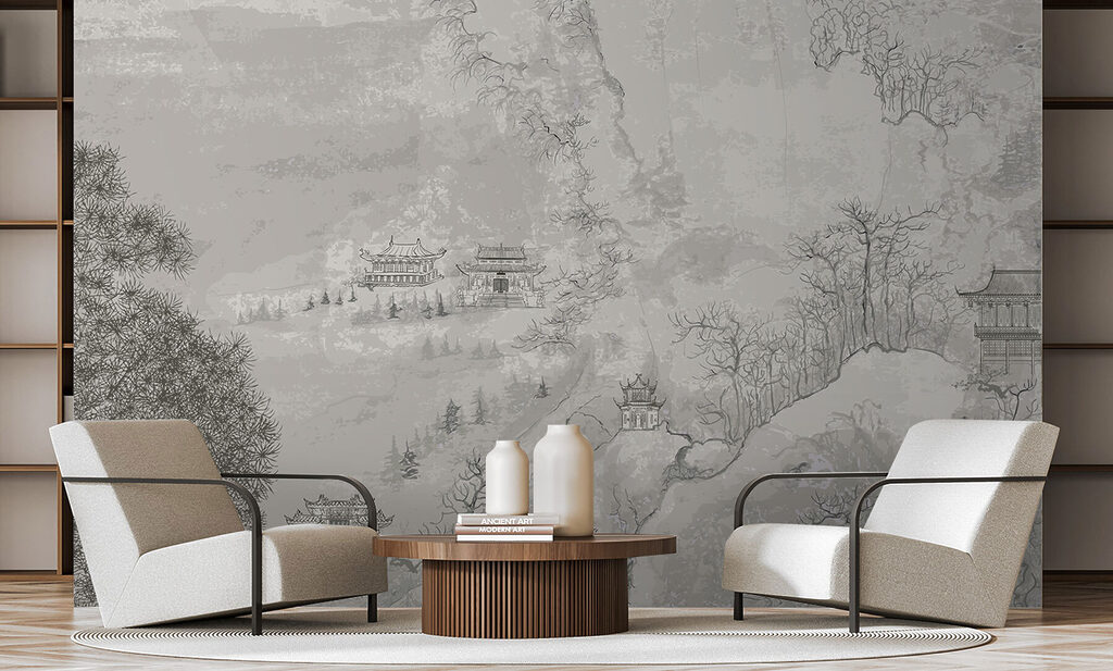 A painting of buildings on a mountain A painting of buildings on a mountain