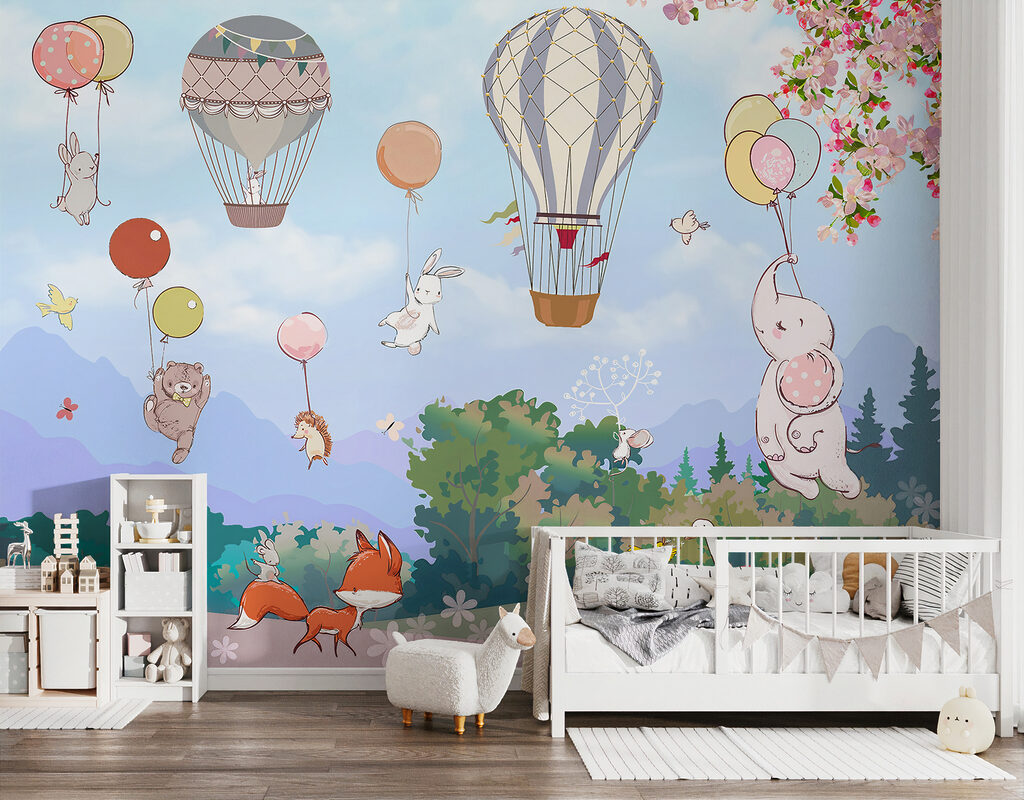 A cartoon of animals and hot air balloons A cartoon of animals and hot air balloons