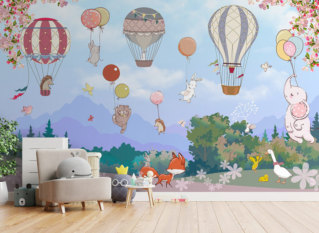 A cartoon of animals and hot air balloons A cartoon of animals and hot air balloons