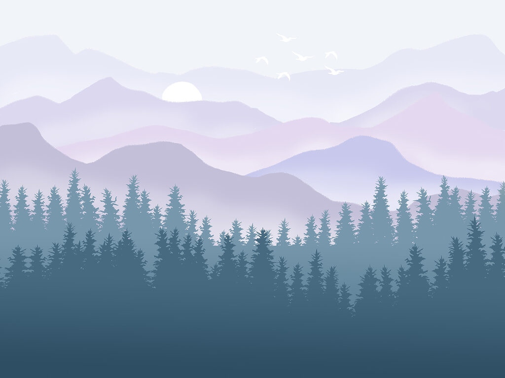 A landscape of mountains and trees