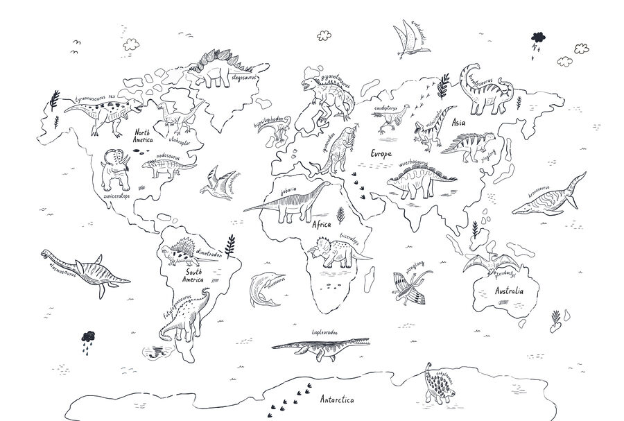 Mapa světa s dinosaury
