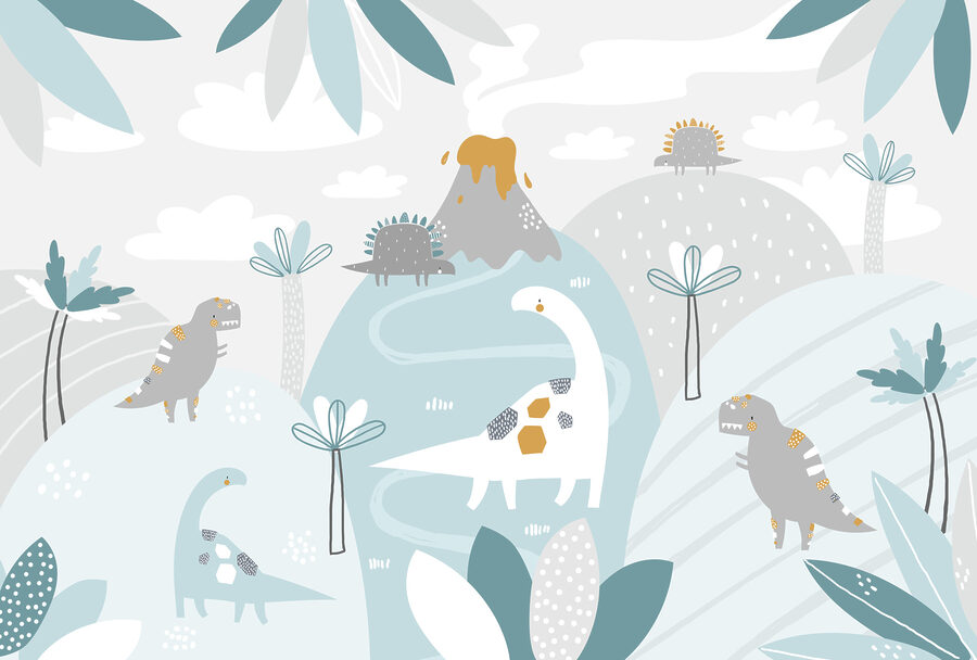 Kreslený dinosaurus se sopkou a rostlinami