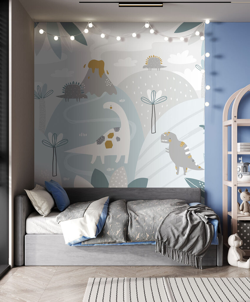 A cartoon dinosaur with a volcano and plants