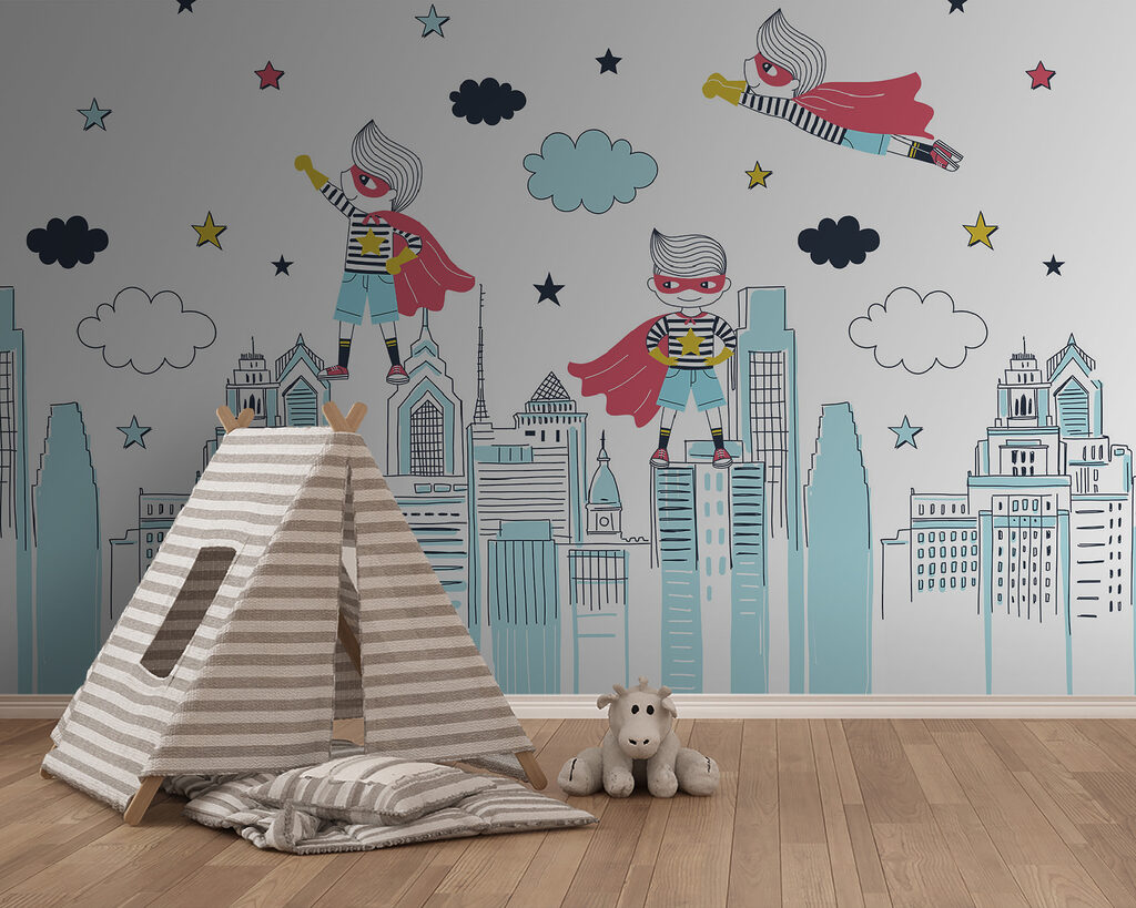 A cartoon of a superhero on a city A cartoon of a superhero on a city