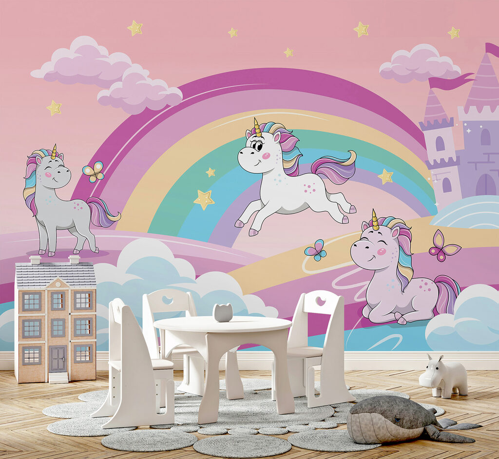 A cartoon unicorns and a rainbow A cartoon unicorns and a rainbow