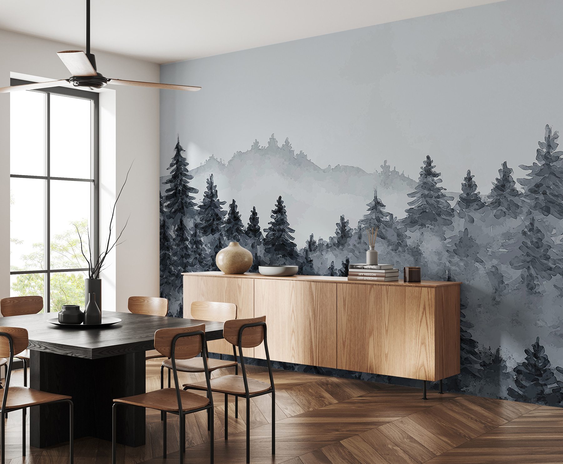 A foggy forest with trees