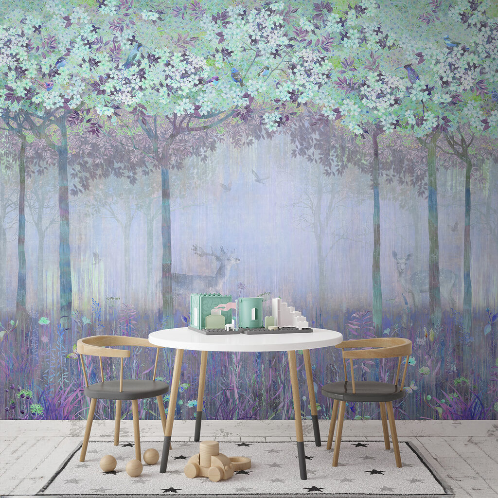 A painting of a forest with trees and flowers A painting of a forest with trees and flowers