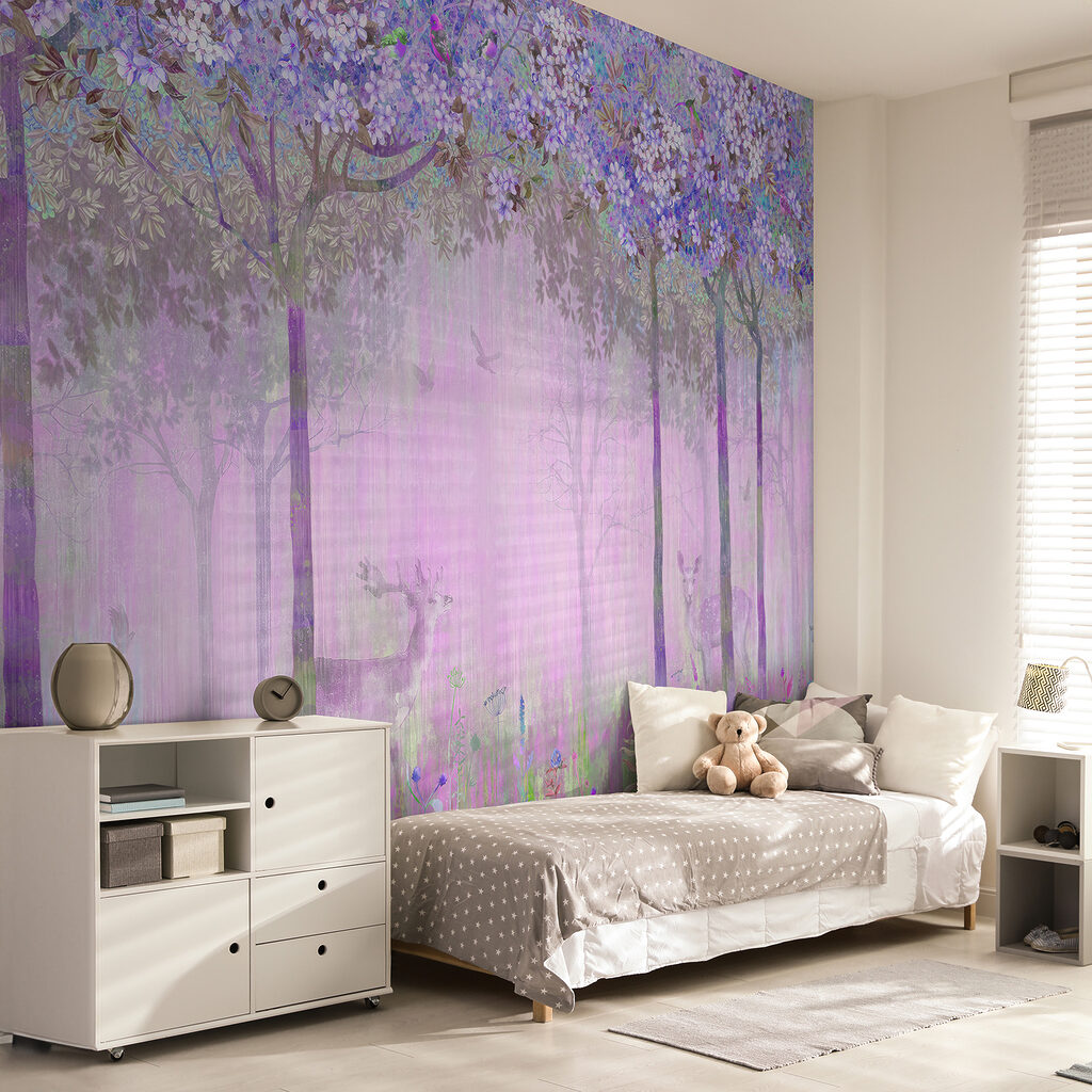 A painting of a forest with flowers A painting of a forest with flowers