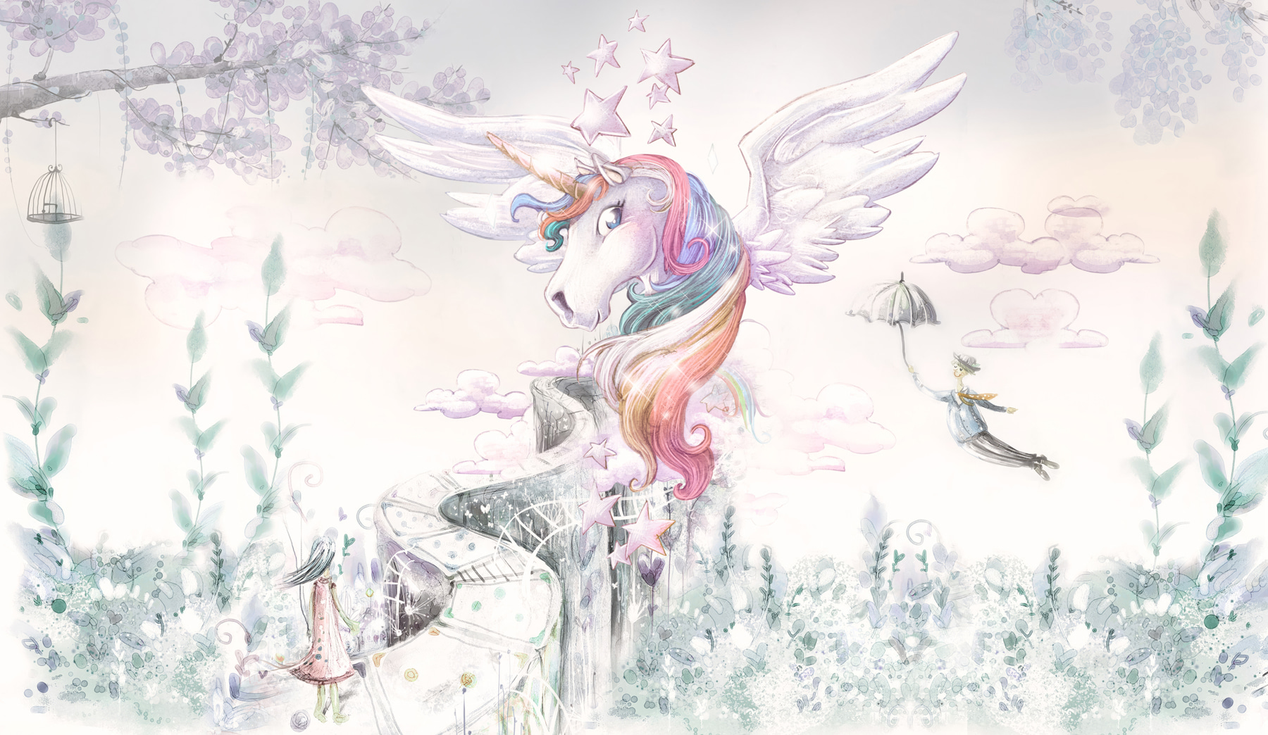A unicorn with wings and a person flying A unicorn with wings and a person flying