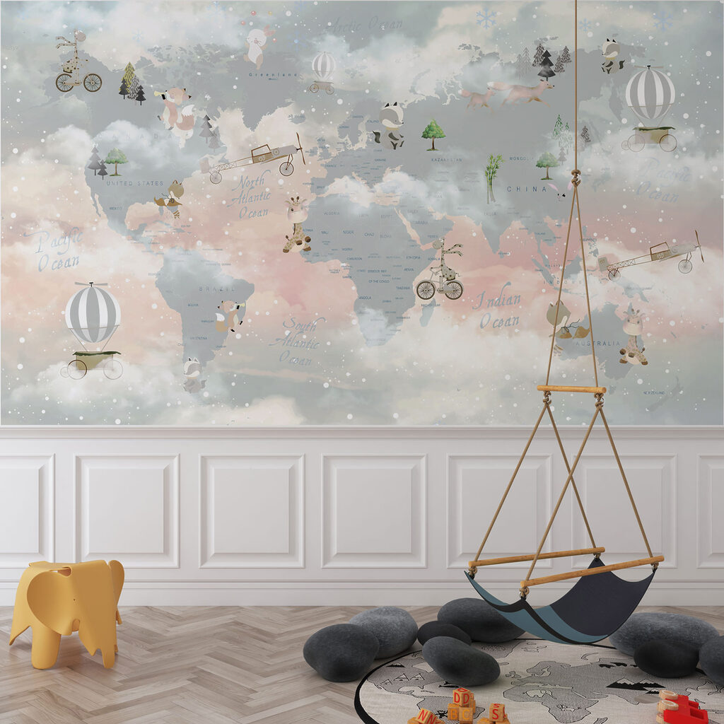 A map of the world with clouds and animals A map of the world with clouds and animals