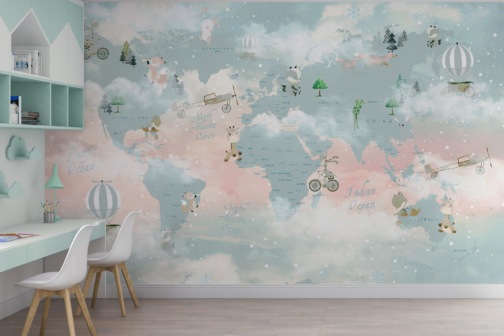 A map of the world with clouds and animals A map of the world with clouds and animals