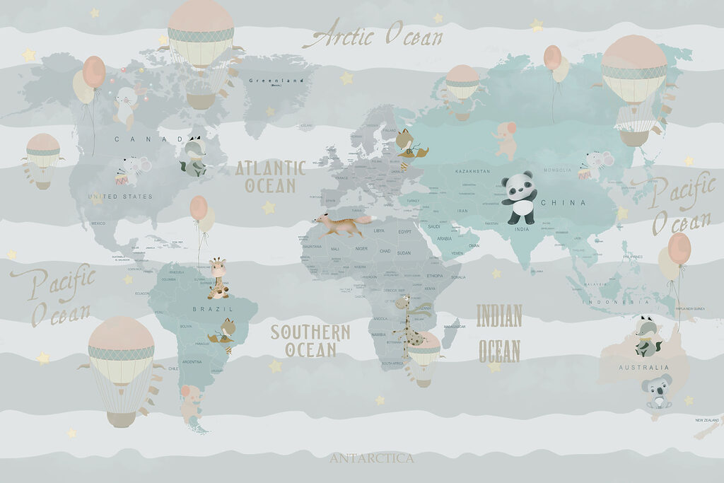 Mapa světa se zvířaty a balónky Mapa světa se zvířaty a balónky