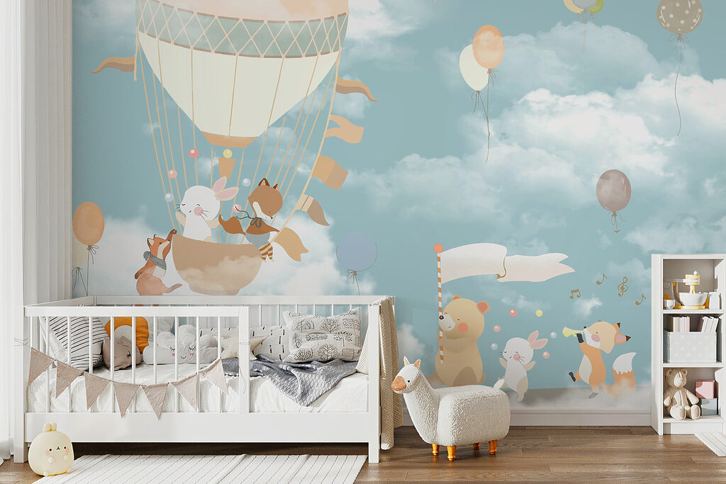 A cartoon of animals in a hot air balloon