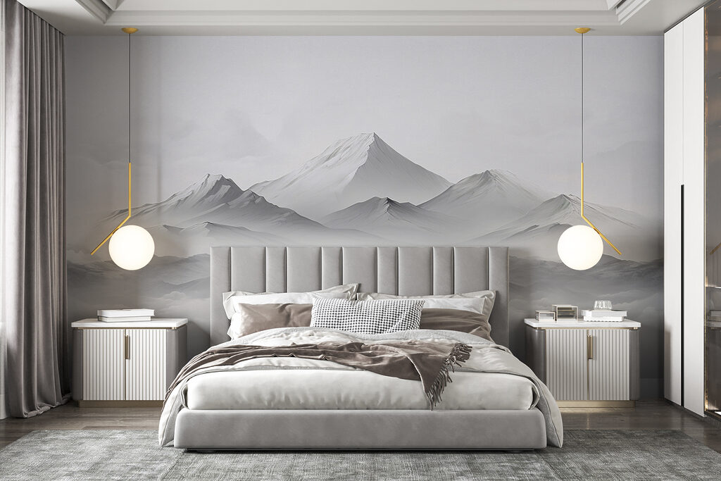 A mountain range with clouds