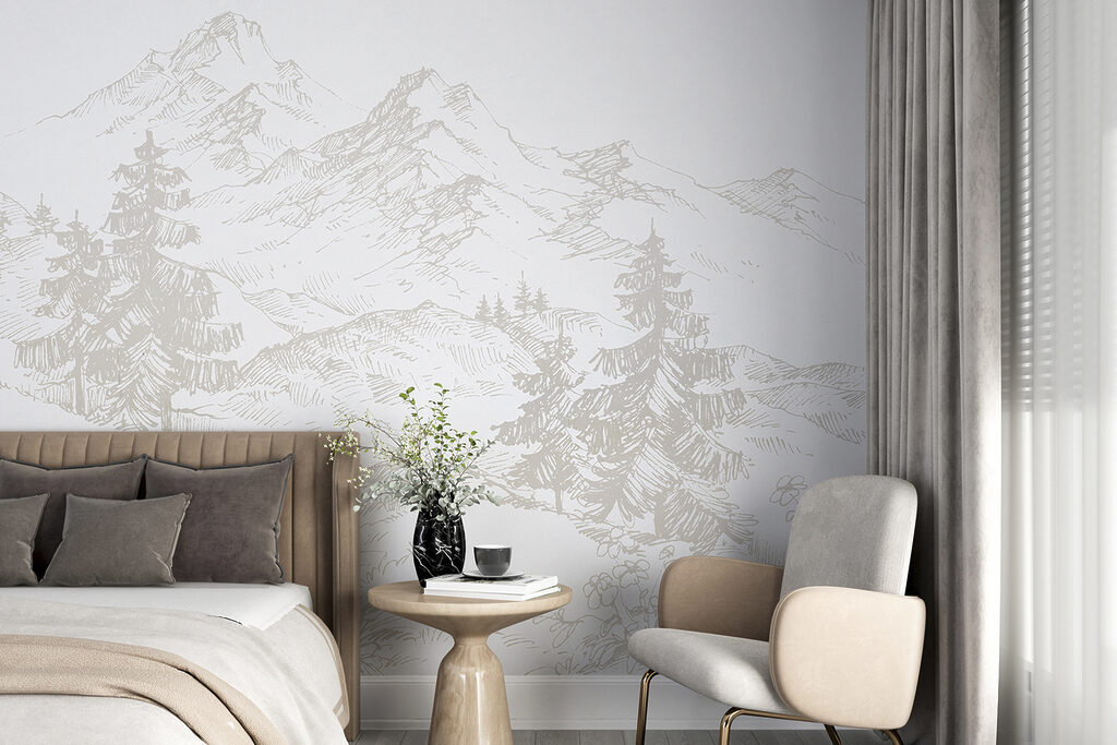 A drawing of a road and trees A drawing of a road and trees