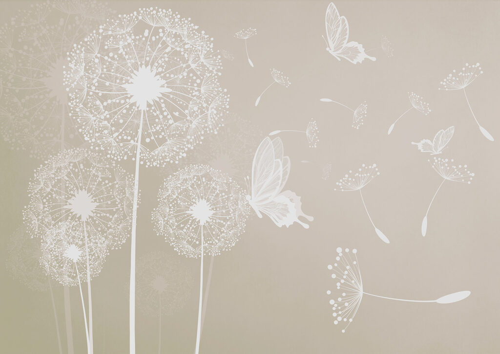 A white dandelions with butterflies flying A white dandelions with butterflies flying