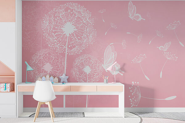 A pink background with white dandelions and butterflies A pink background with white dandelions and butterflies