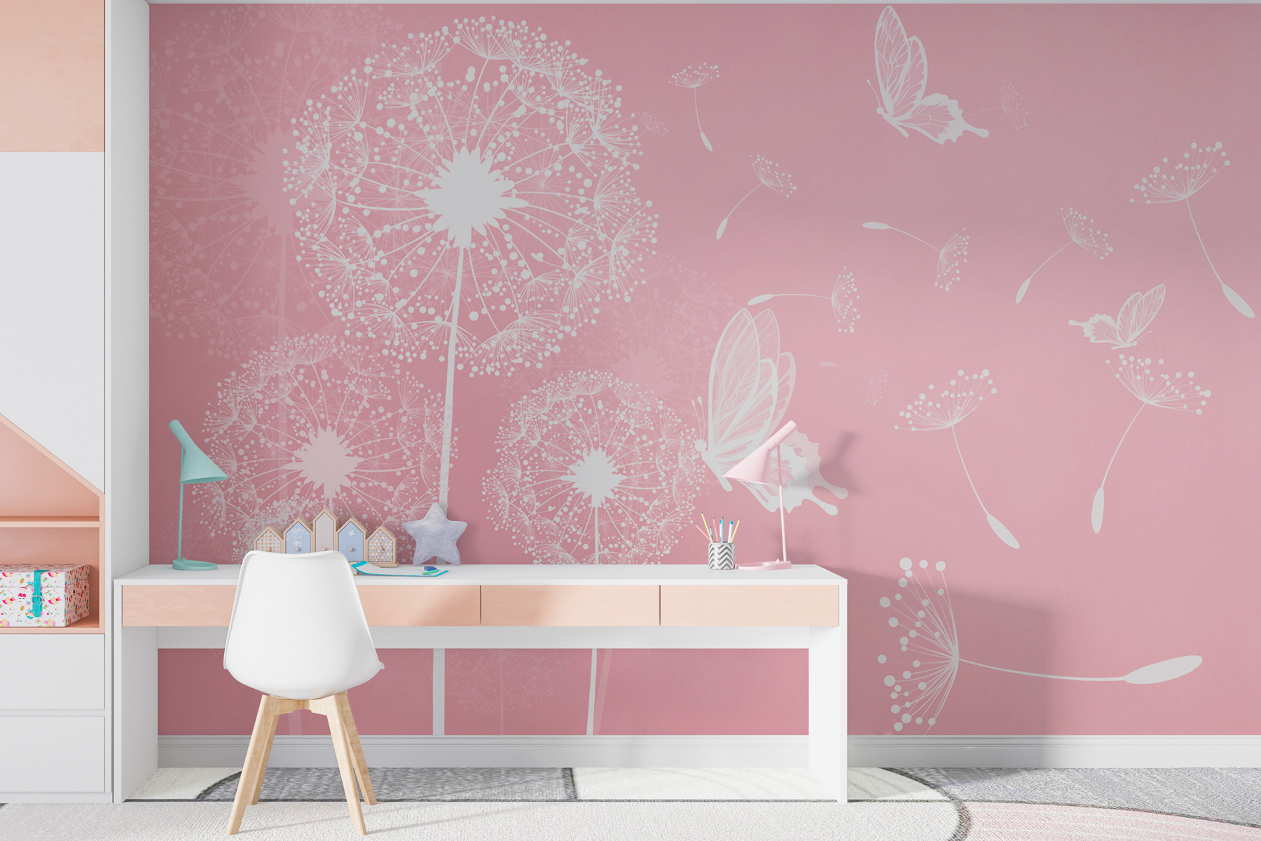 A pink background with white dandelions and butterflies A pink background with white dandelions and butterflies