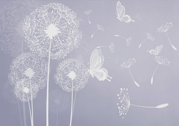 A white dandelions with butterflies flying