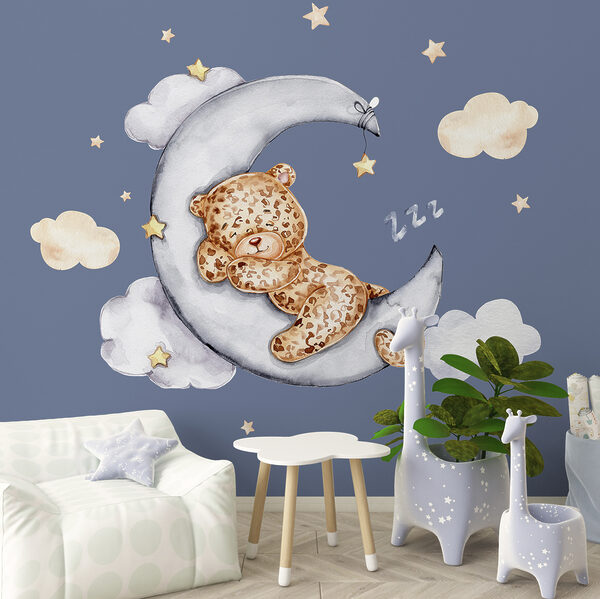 A teddy bear sleeping on the moon
