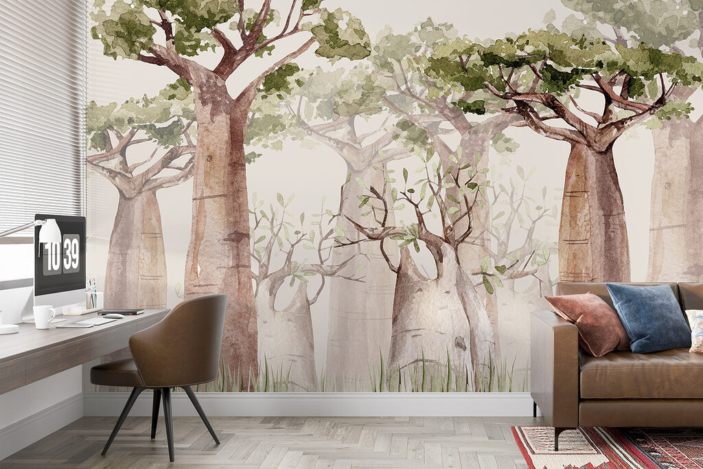 A group of trees with green leaves