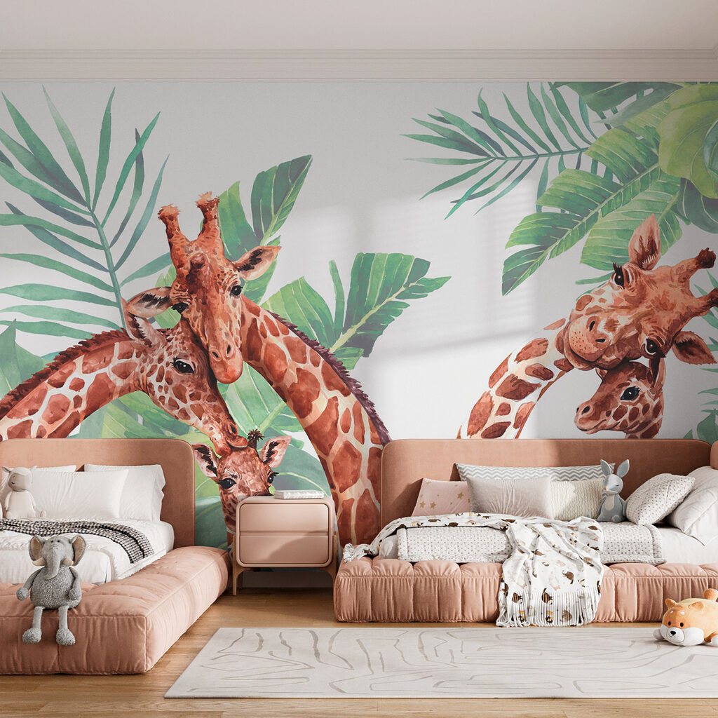 A group of giraffes with their heads in front of leaves