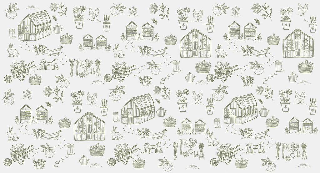 A pattern of gardening tools and plants