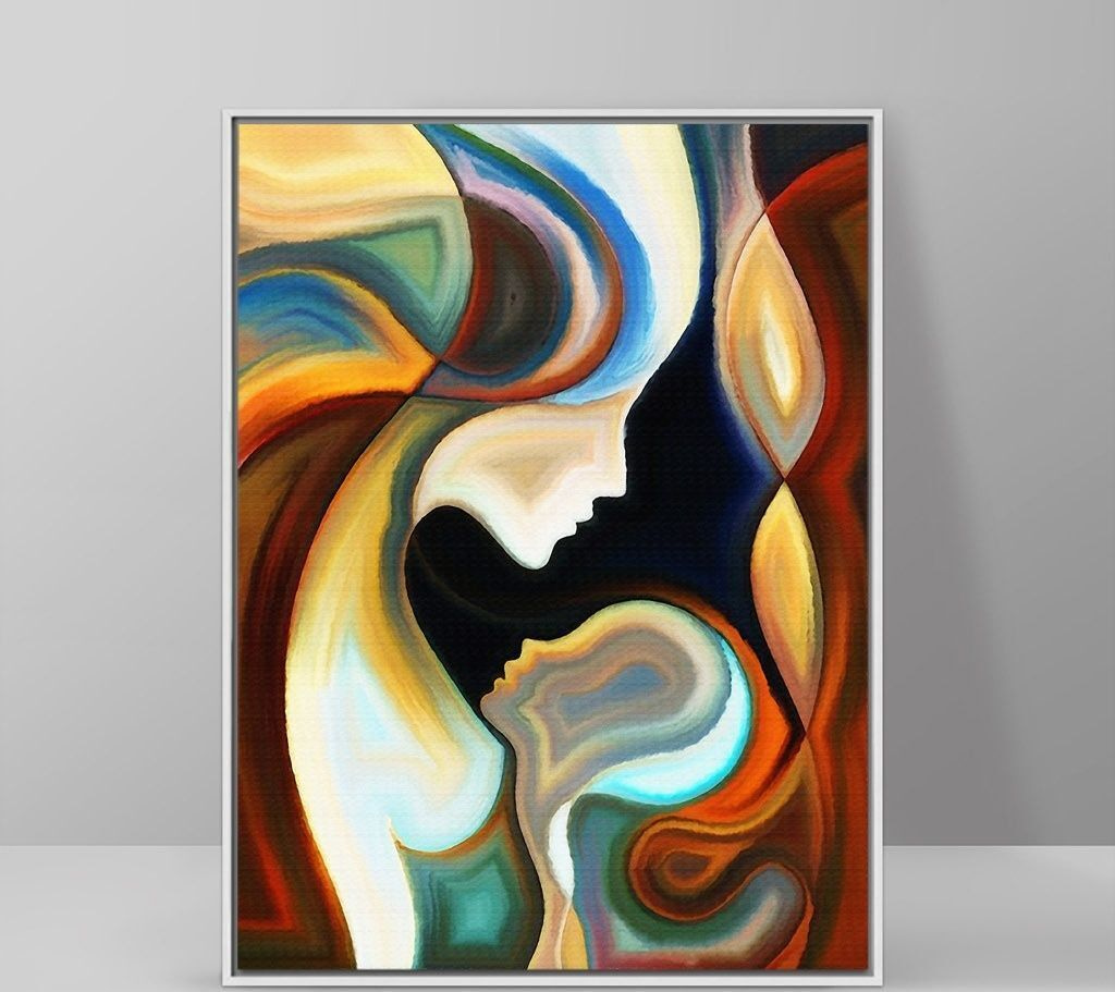 A colorful background with a couple of faces