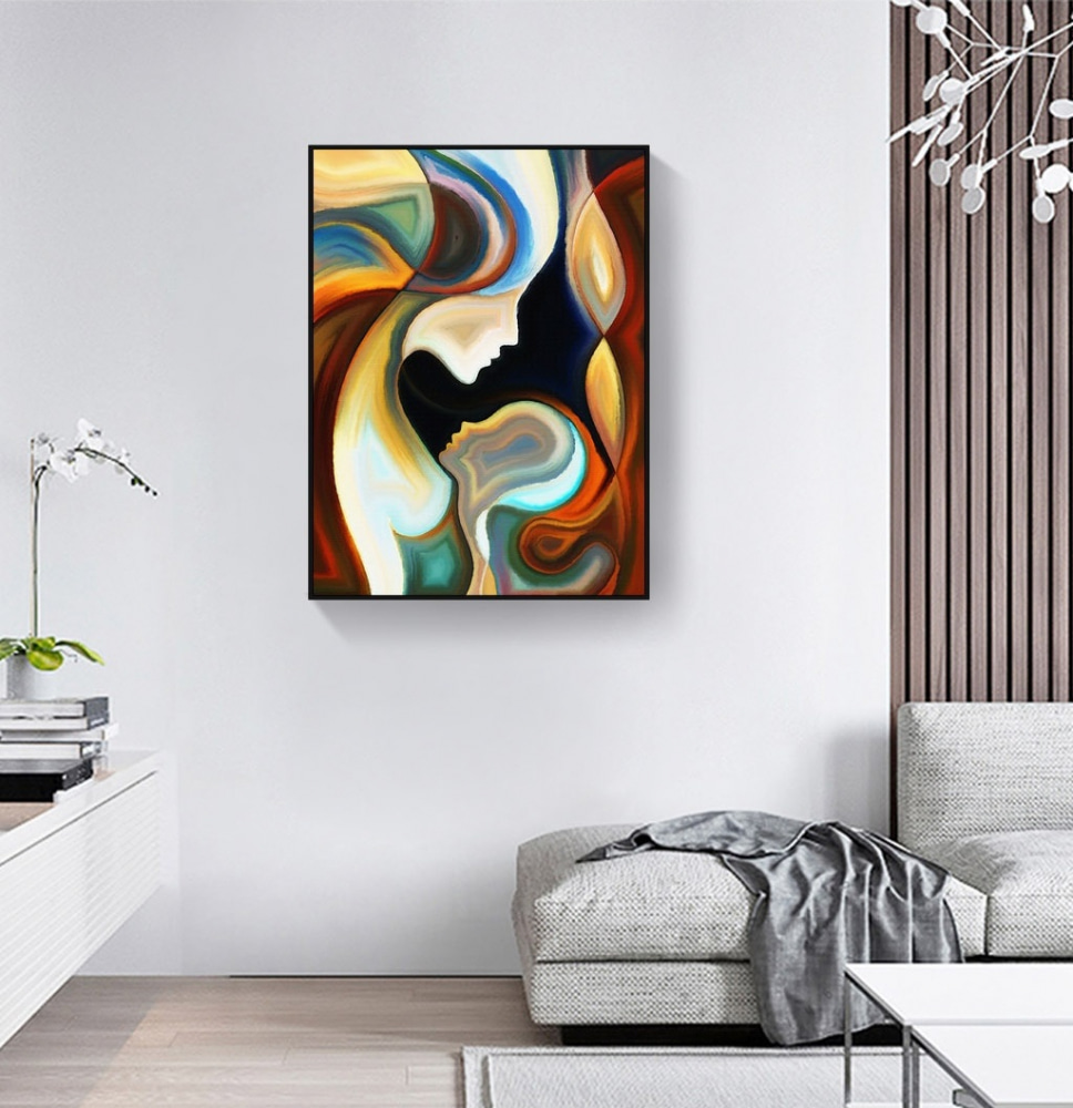 A colorful background with a couple of faces