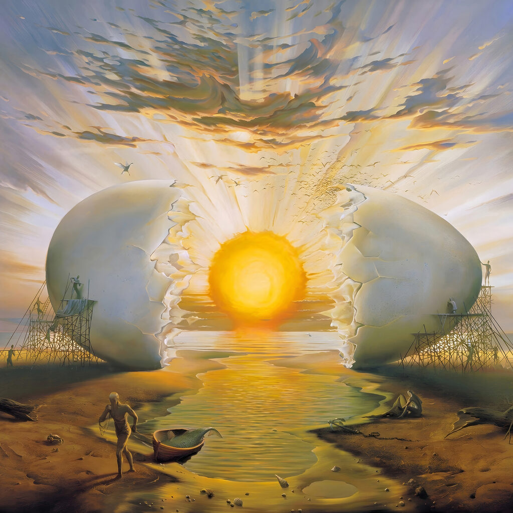 A man standing on a beach with a broken egg A man standing on a beach with a broken egg