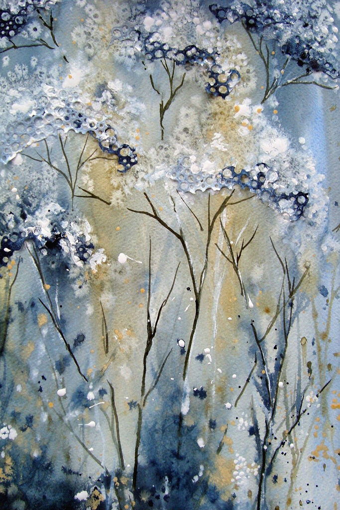 A painting of a white and blue plant