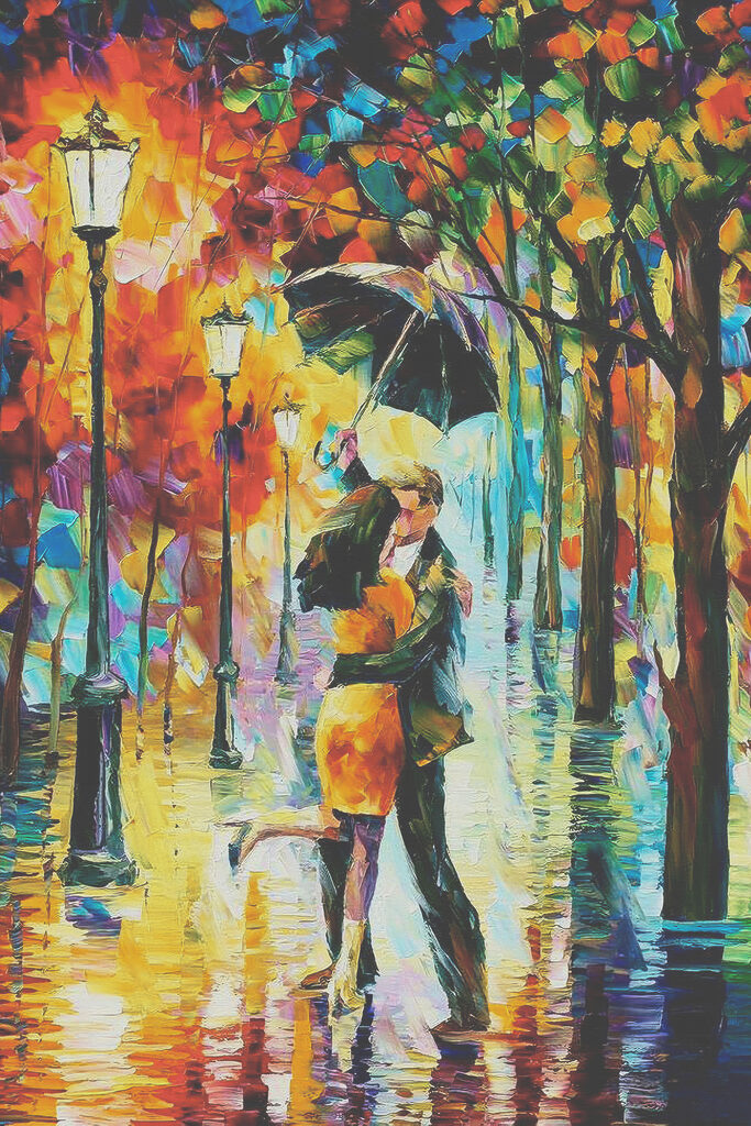 A painting of a couple kissing under an umbrella A painting of a couple kissing under an umbrella