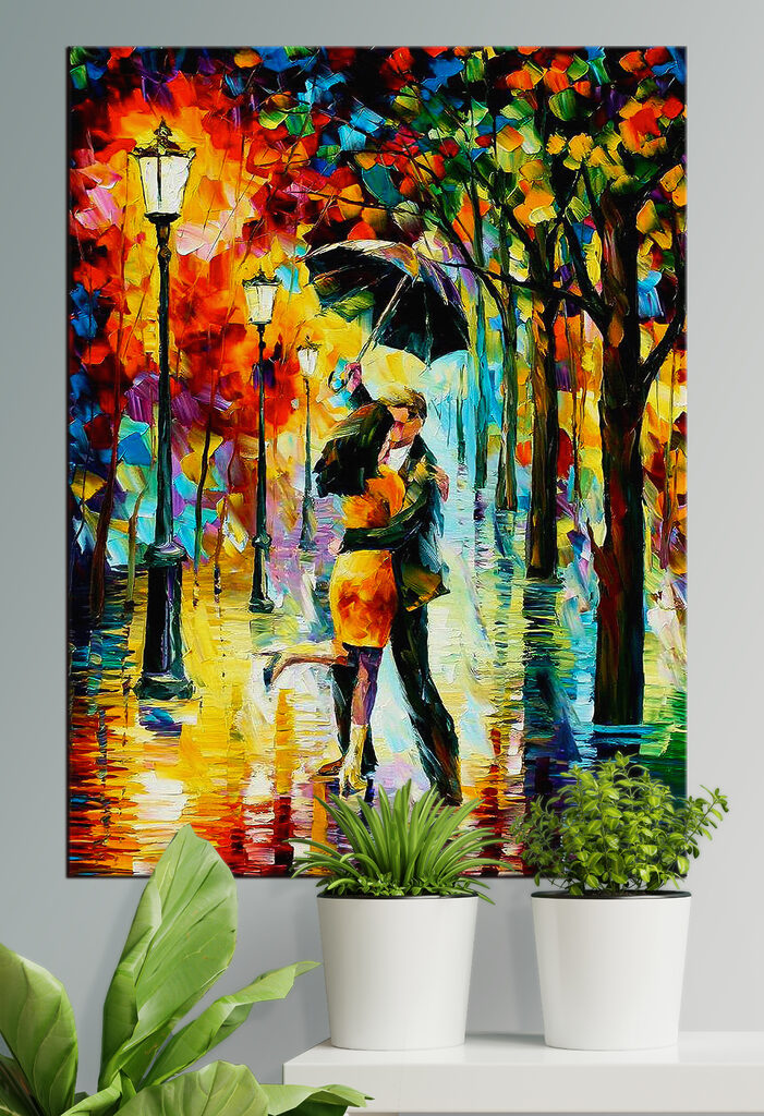 A painting of a couple kissing under an umbrella A painting of a couple kissing under an umbrella