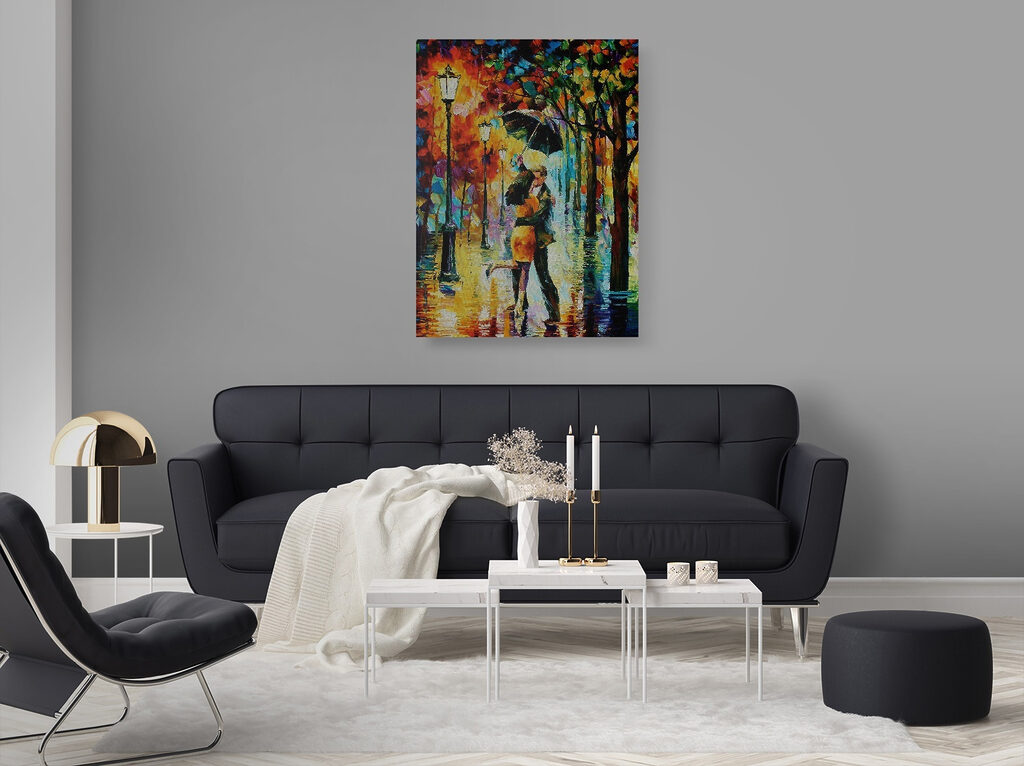 A painting of a couple kissing under an umbrella A painting of a couple kissing under an umbrella